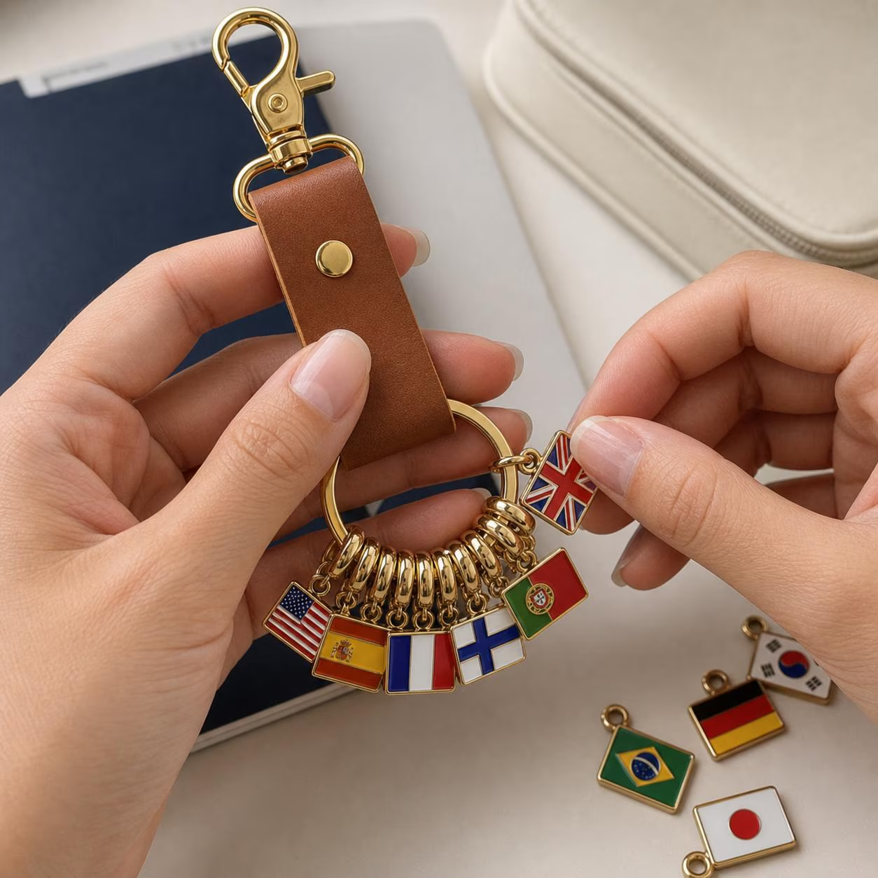Personalisierter Leder-Schlüsselanhänger mit Flagge, individueller Länder-Anhänger für Reisetaschen, Geschenk für Reisende
