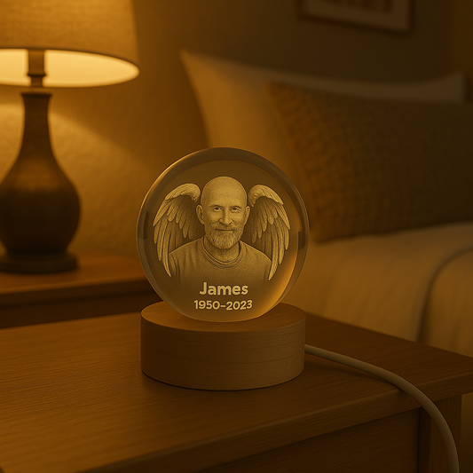 Eine eingravierte Kristallkugel zum Gedenken an einen geliebten Menschen